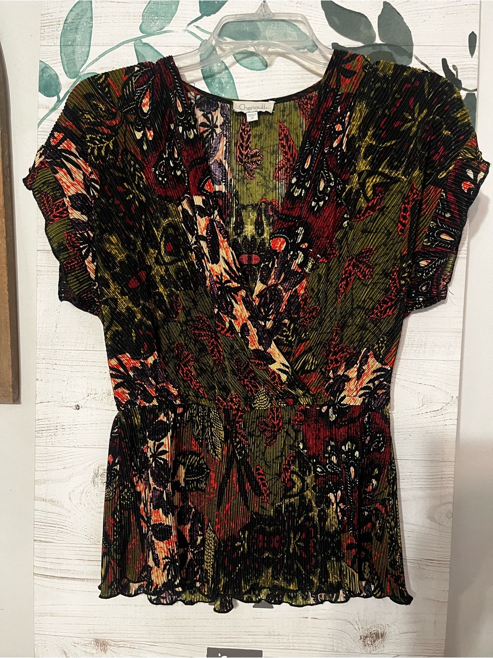 Chenault Olive Green and Black Floral Pleated Top with Red Accents